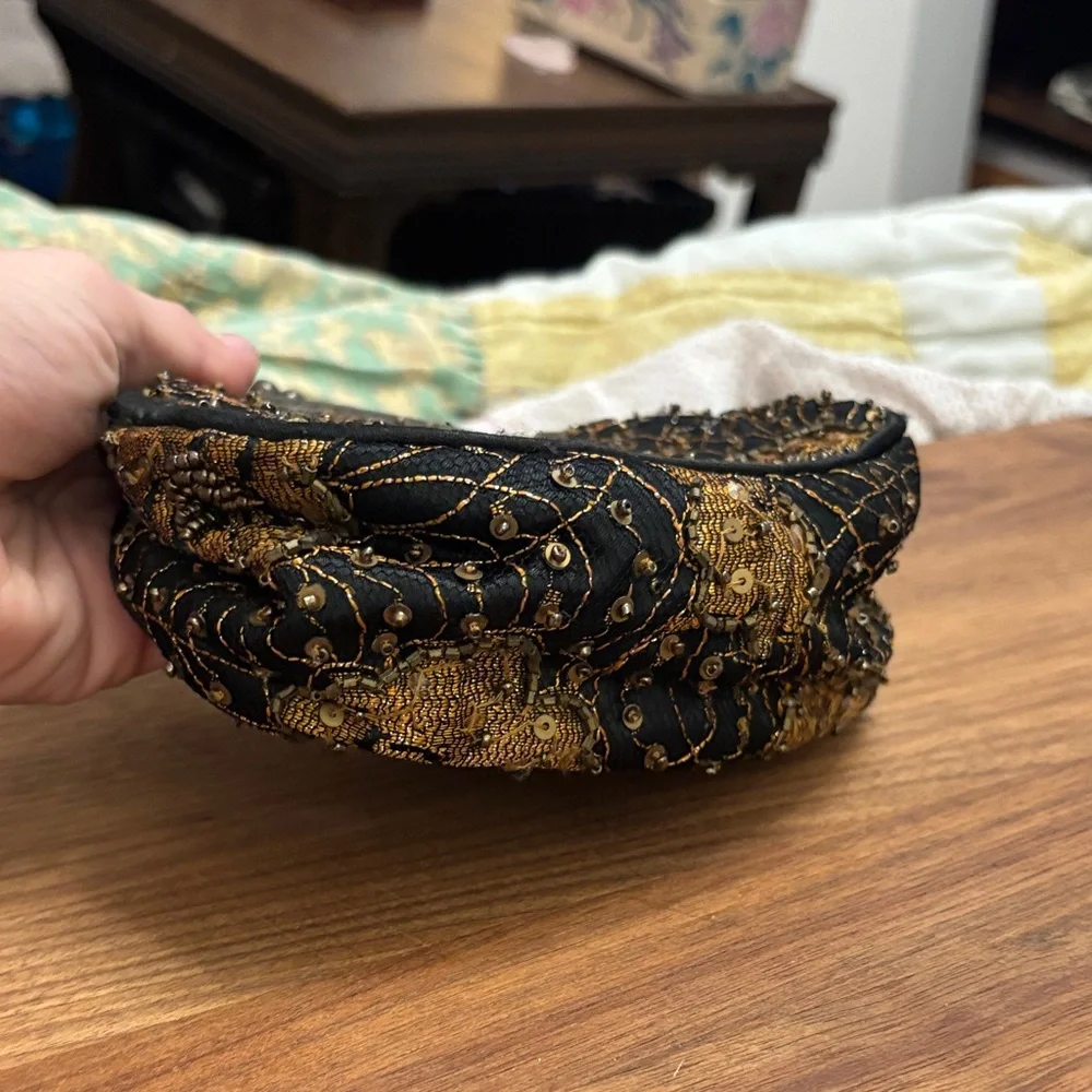 Vintage Christiana Black and Gold Floral Embroidered Clutch- beaded